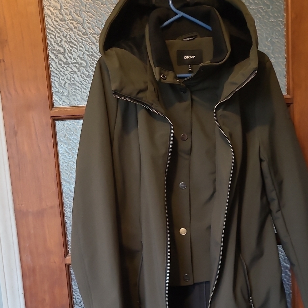 DKNY Women Olive Outerwear Softshell Hooded Long Jacket Velboa Lined Size Small - Picture 4 of 15